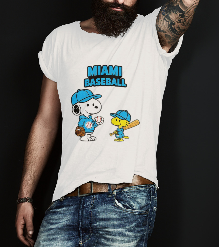 Snoopy Woodstock Miami Baseball Peanuts Cartoon MLB T-Shirt