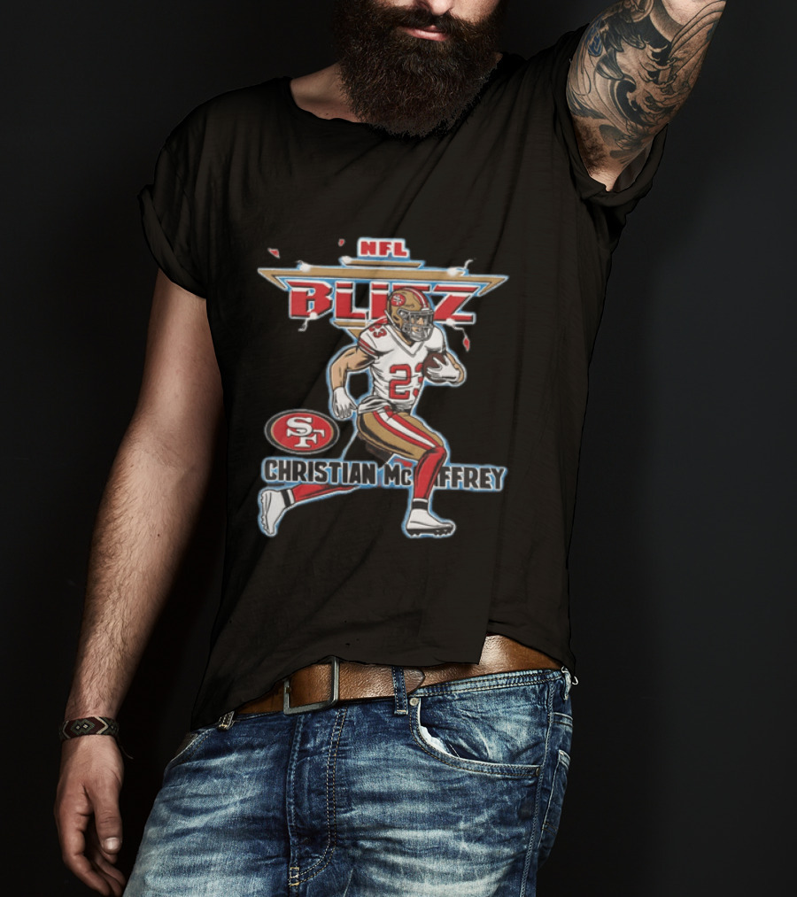 NFL Blitz 23 Christian McCaffrey San Francisco 49ers Football Player Running With Ball T-Shirt