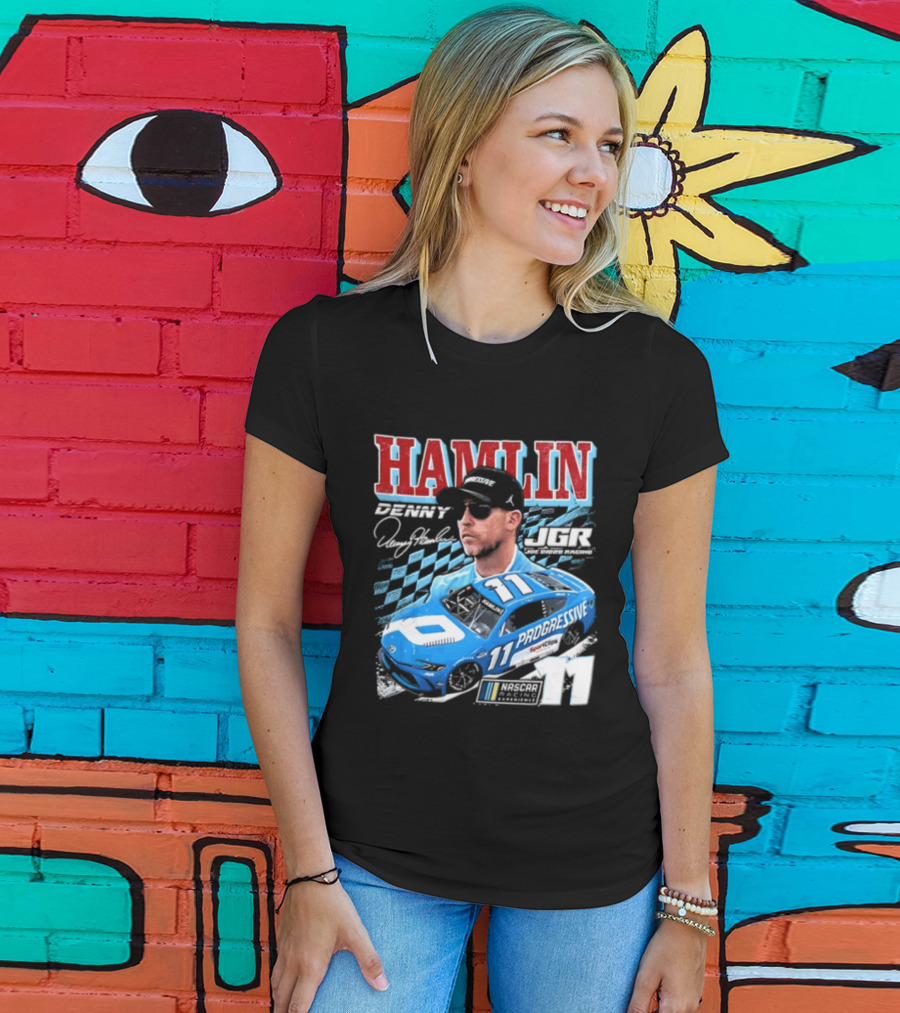 Denny Hamlin Joe Gibbs Racing NASCAR Progressive 11 Racer With Signature And Sunglasses T-Shirt