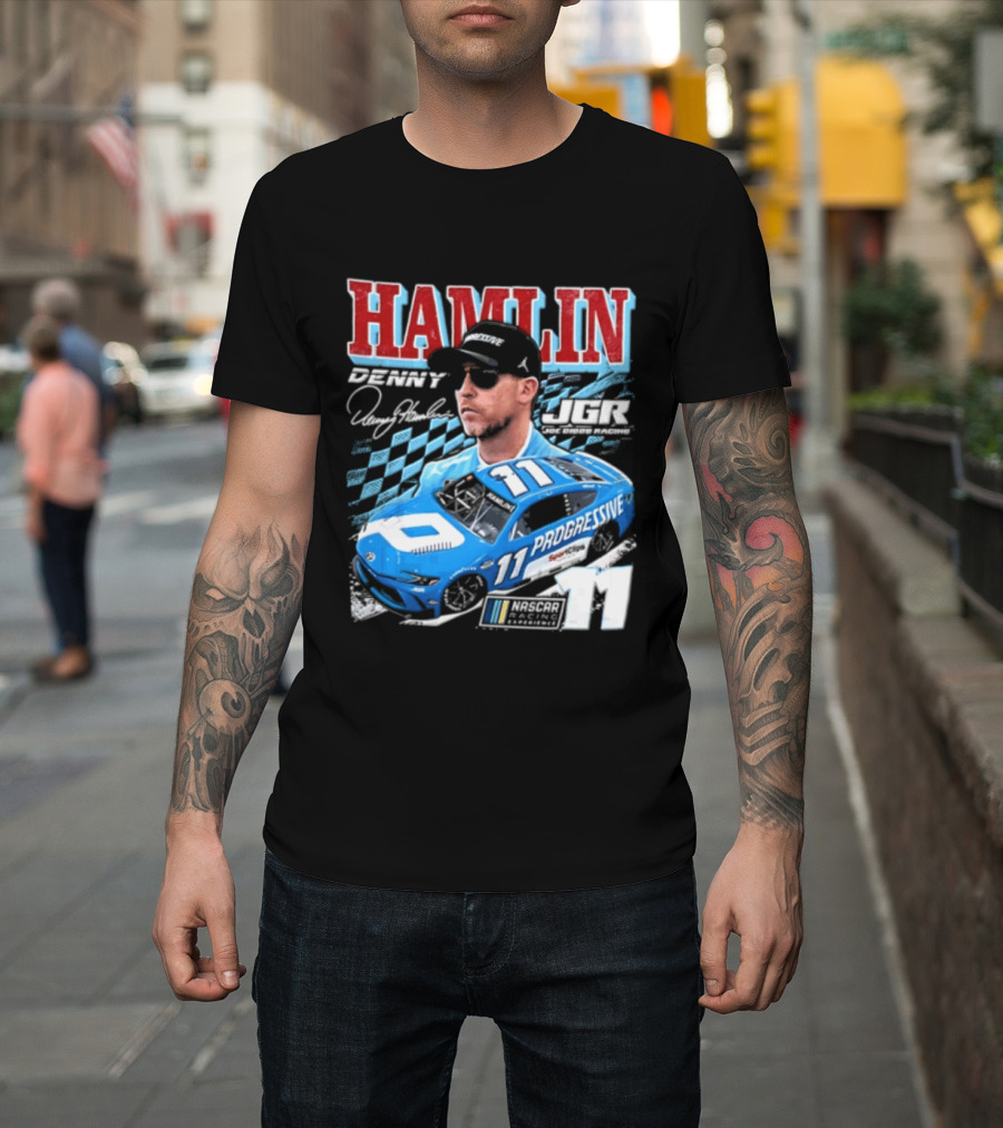 Denny Hamlin Joe Gibbs Racing NASCAR Progressive 11 Racer With Signature And Sunglasses T-Shirt