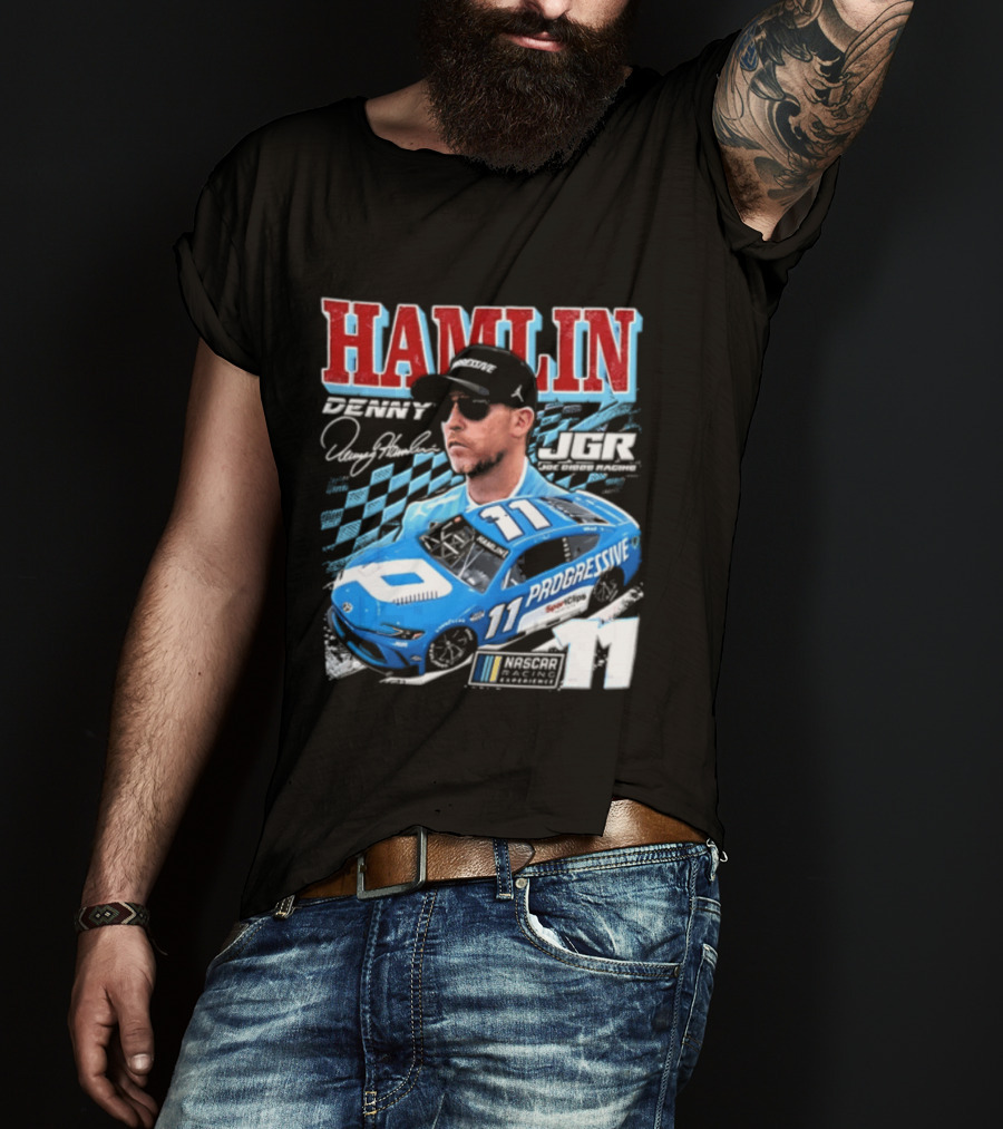 Denny Hamlin Joe Gibbs Racing NASCAR Progressive 11 Racer With Signature And Sunglasses T-Shirt