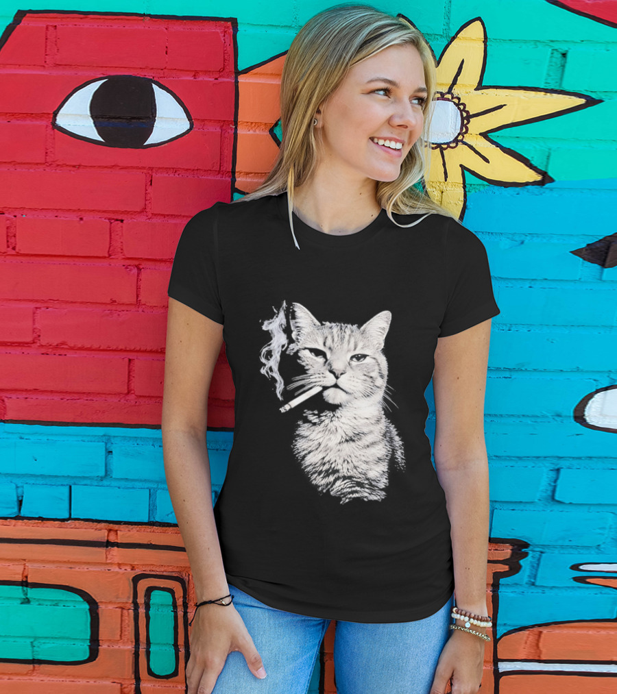 Tabby Cat Smoking Cigarette Animal T-Shirt