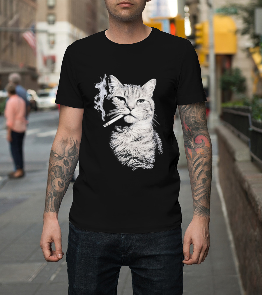Tabby Cat Smoking Cigarette Animal T-Shirt