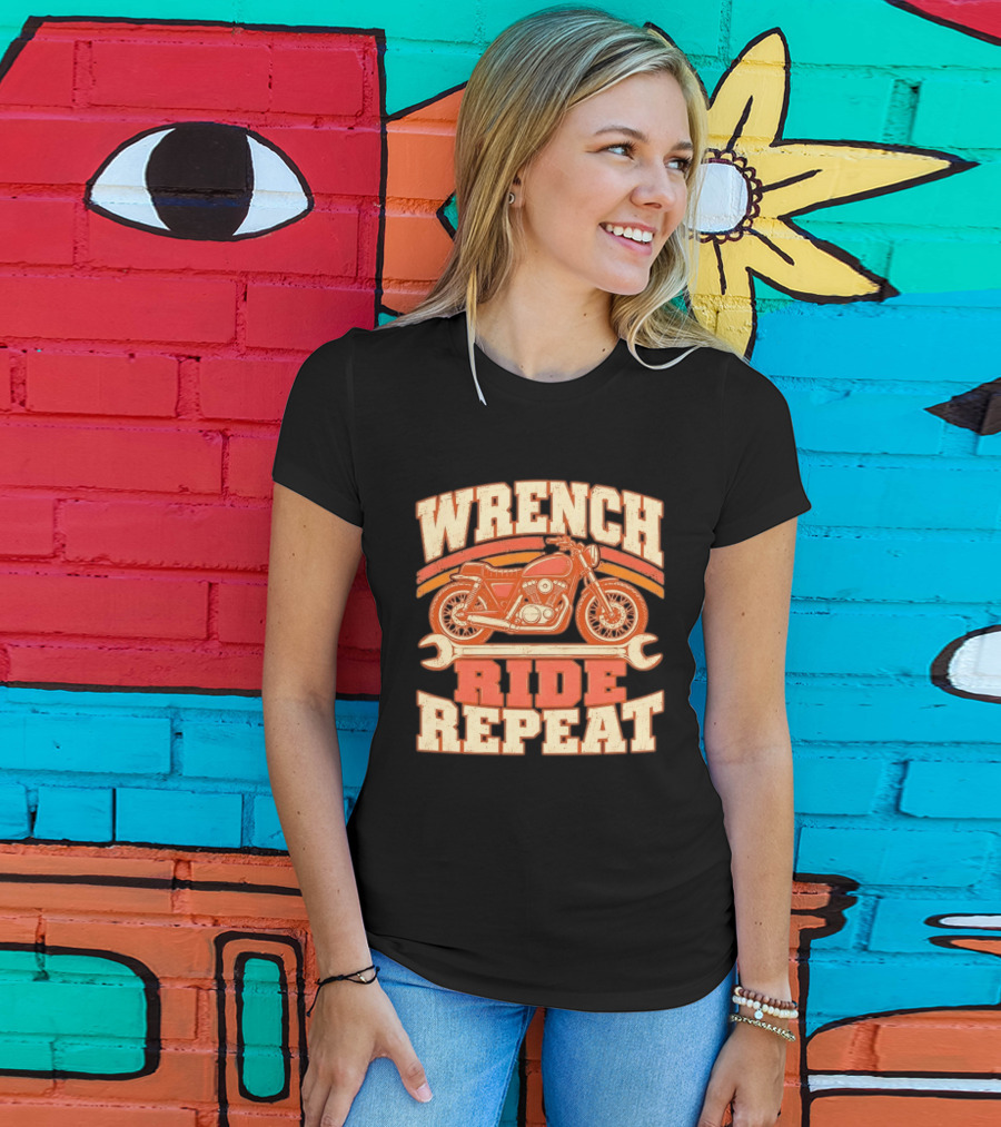 Wrench Ride Repeat Motorcycle Mechanic Distressed T-Shirt