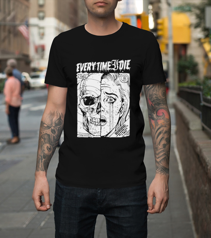 Every Time I Die Weird Tales Horror Warning Skull Face Half Human T-Shirt