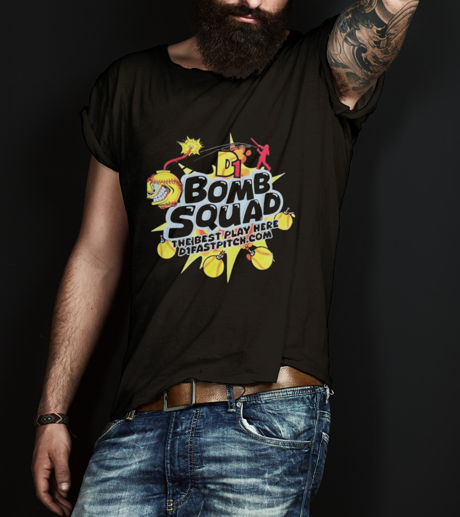 D1 Bomb Squad The Best Play Here Softball D1Fastpitch.com T-Shirt