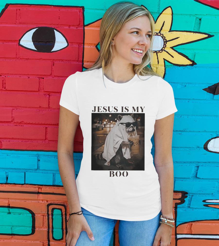 Jesus Is My Boo Raccoon With Iced Coffee And Sunglasses T-Shirt