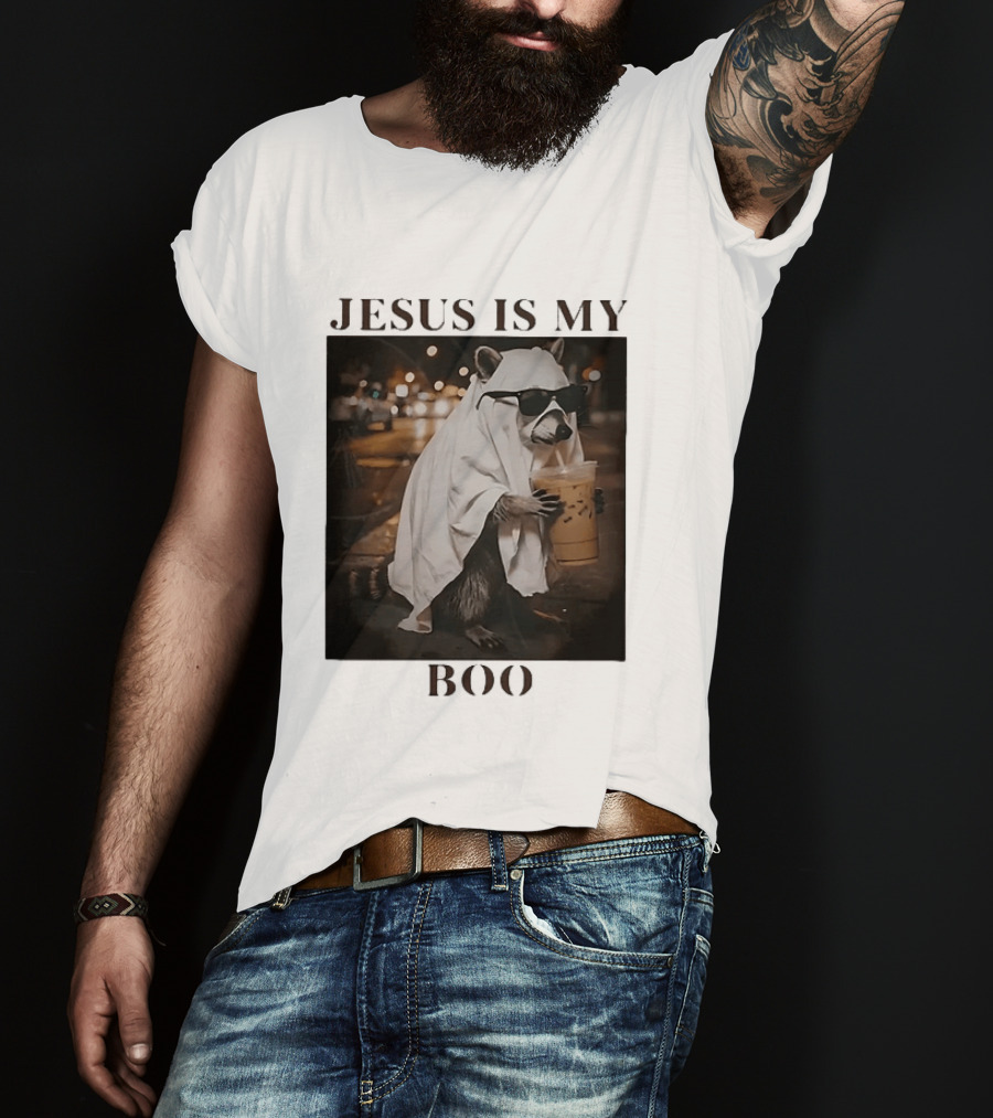 Jesus Is My Boo Raccoon With Iced Coffee And Sunglasses T-Shirt