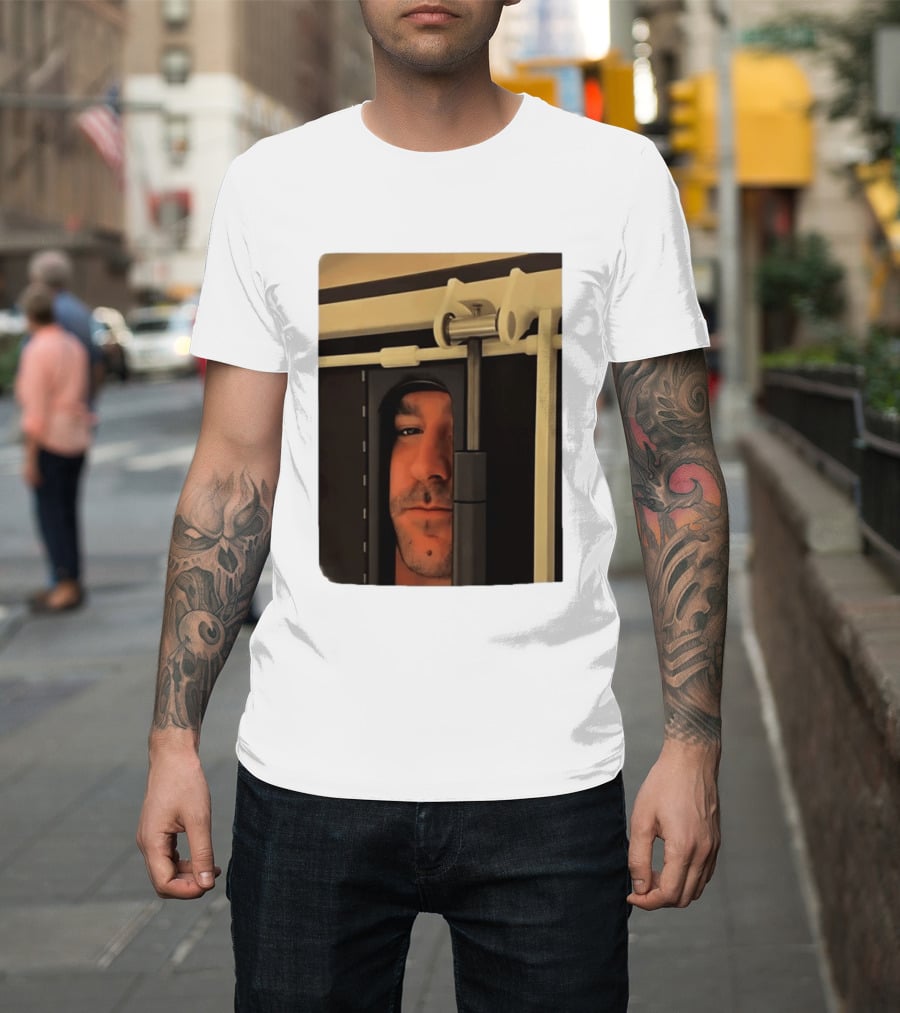 Man Peeking Through Door Face Hidden Observation Doorway T-Shirt