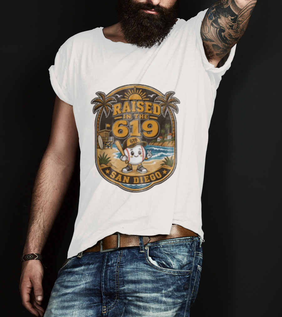 Raised In The 619 Baseball Character San Diego Beach Sunset Palm Trees T-Shirt