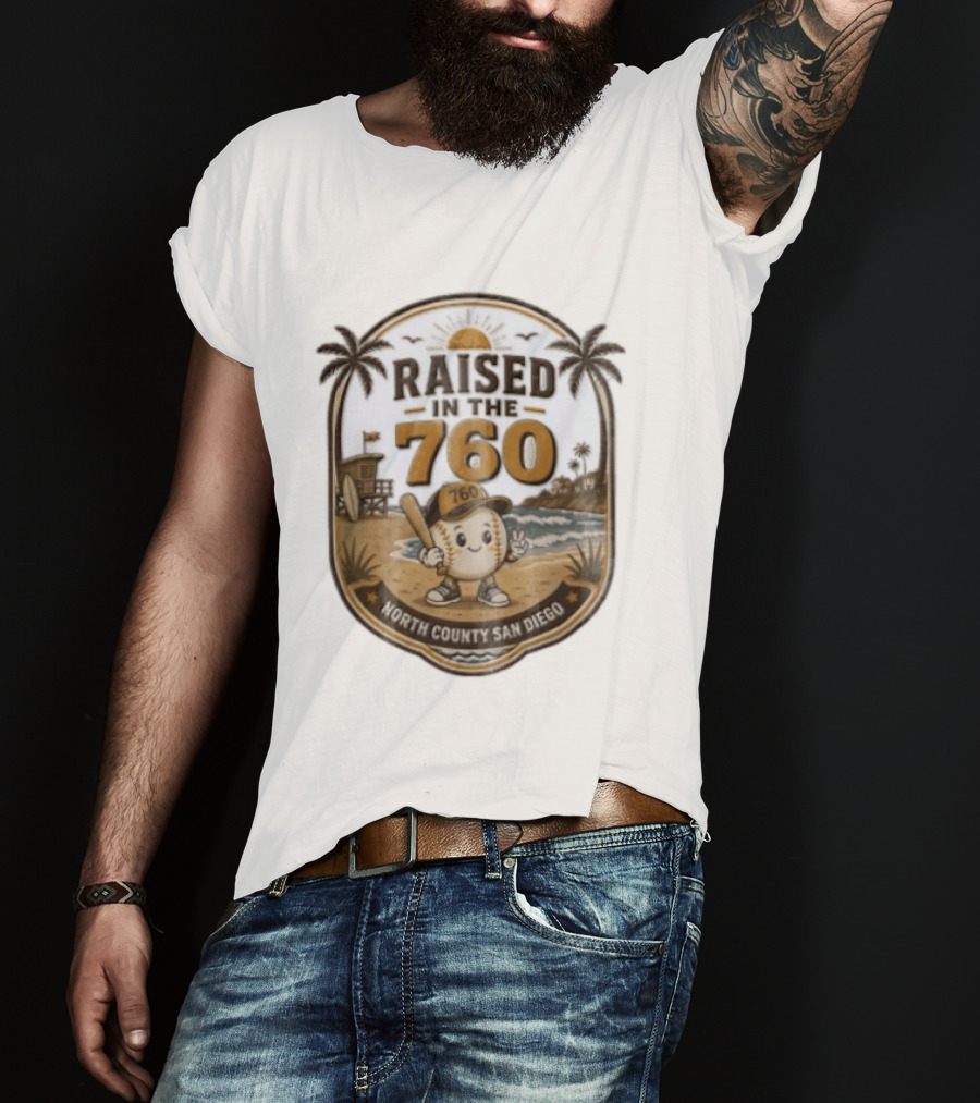 Raised In The 760 North County San Diego Beach Baseball Palms Waves Lifeguard Tower T-Shirt