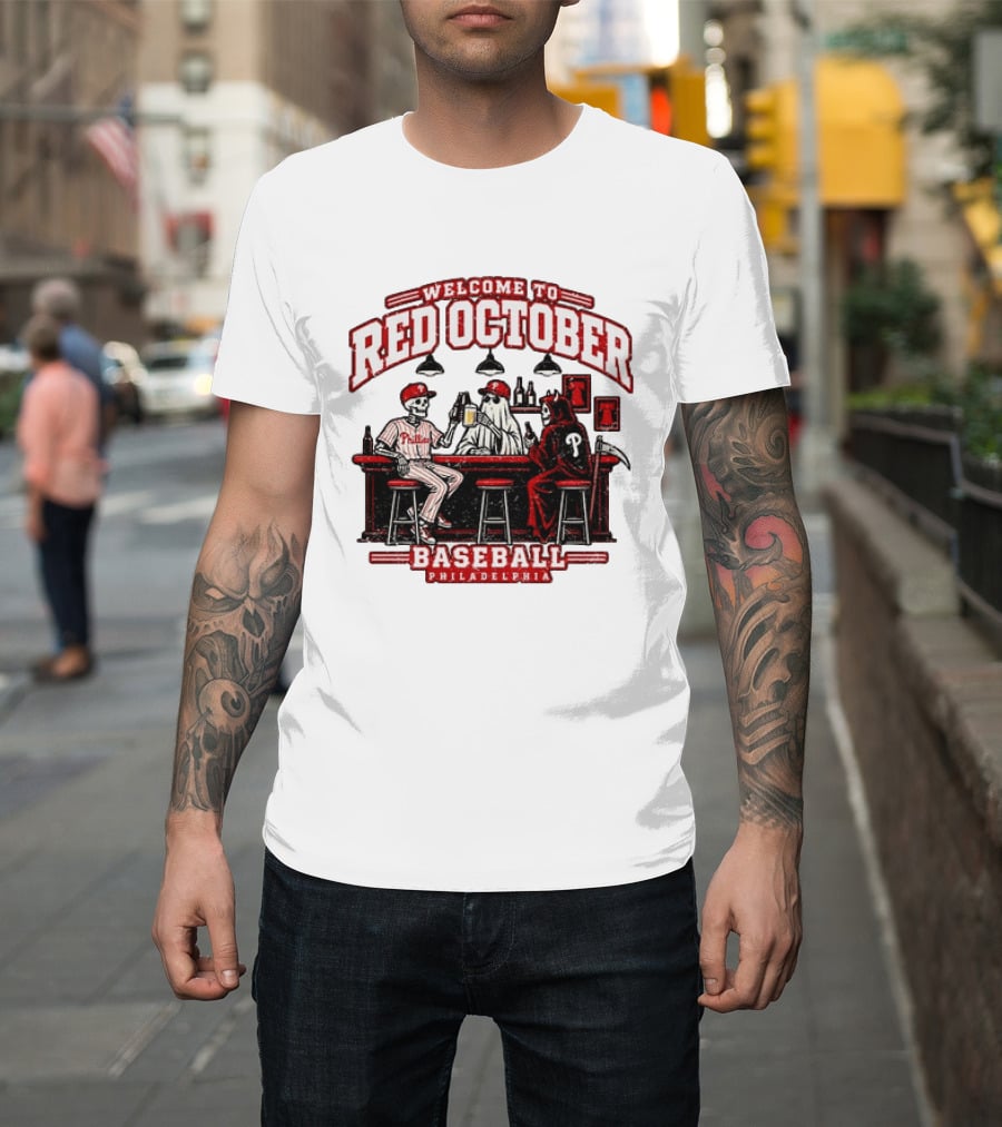 Welcome To Red October Baseball Philadelphia Halloween Skeletons And Ghost At Bar T-Shirt