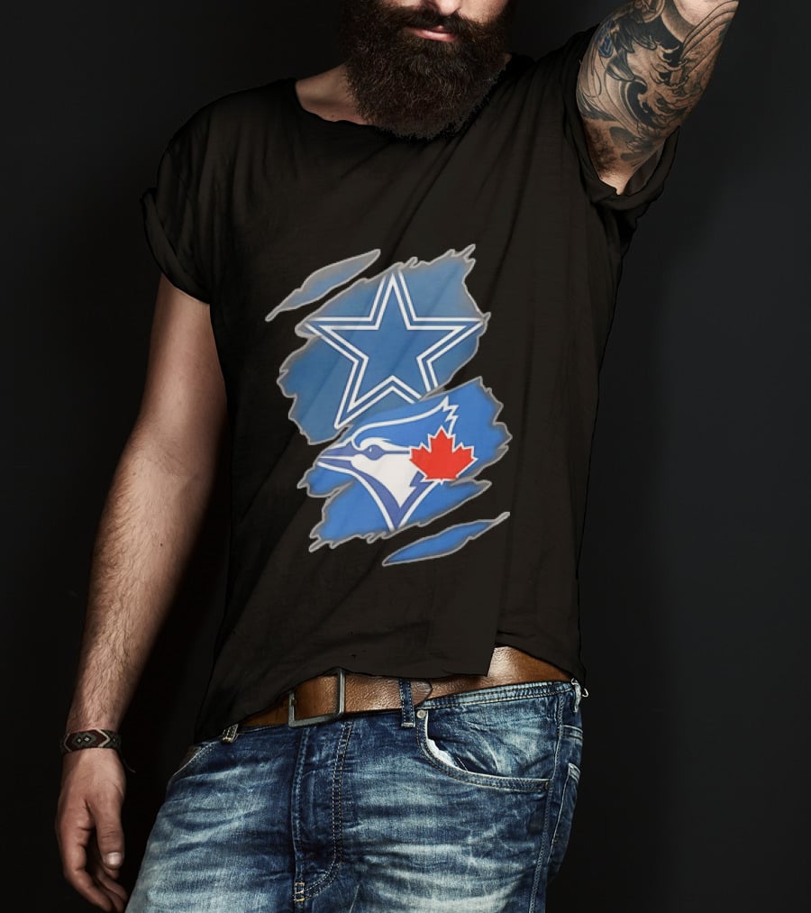 Dallas Cowboys Star And Toronto Blue Jays Jay With Maple Leaf Ripped T-Shirt