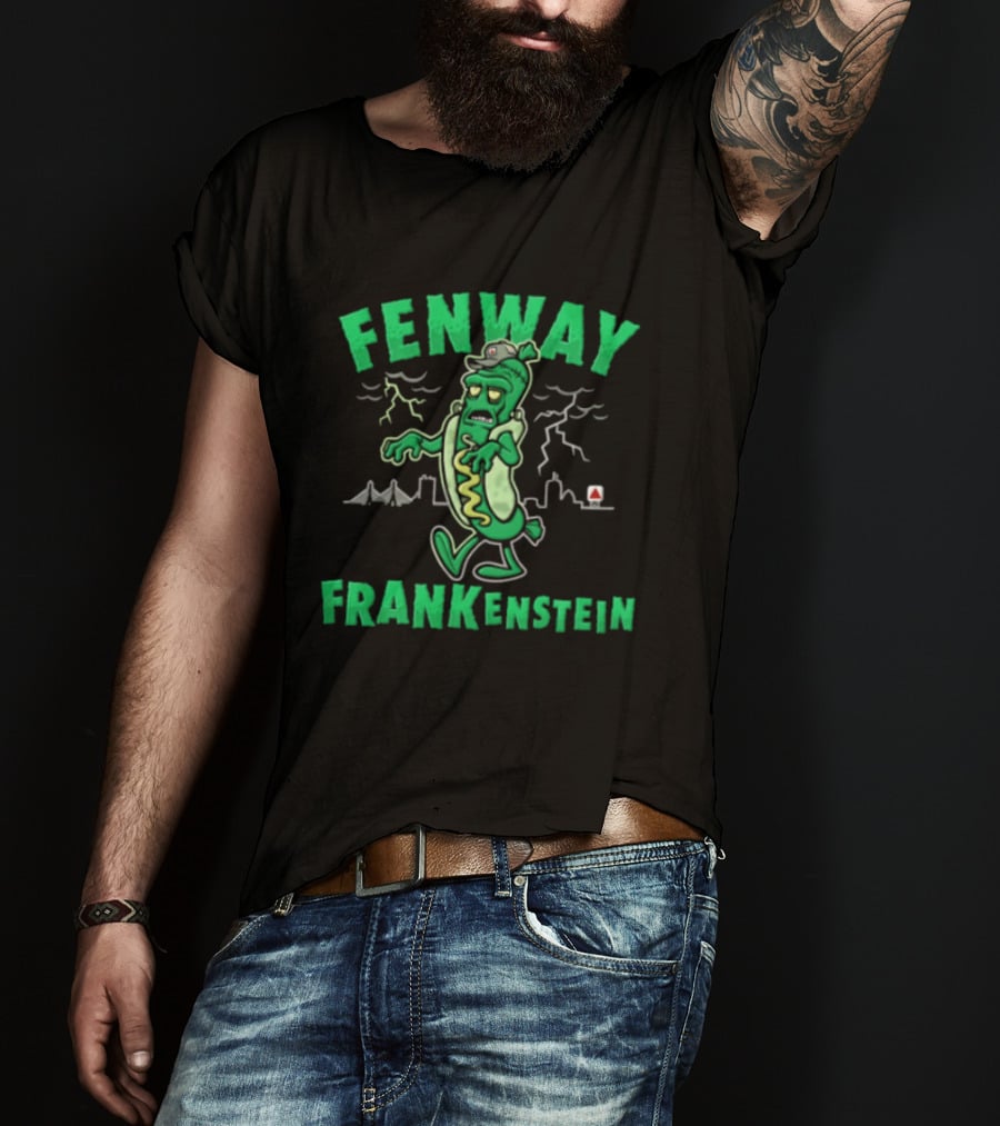 Fenway Frankenstein Halloween Zombie Monster With Lightning And Spooky Skyline T-Shirt