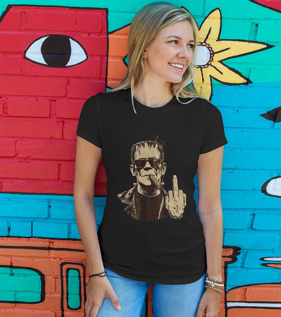 Frankenstein Cigar Middle Finger Smoking Horror Halloween T-Shirt