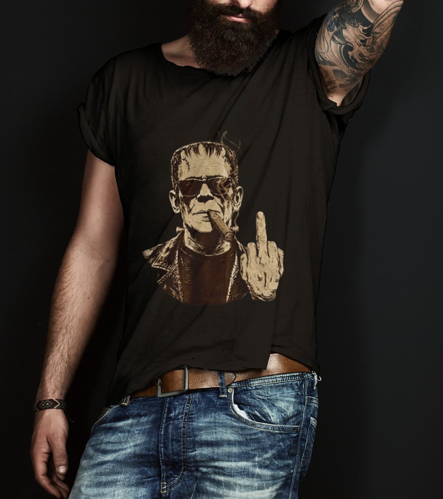 Frankenstein Cigar Middle Finger Smoking Horror Halloween T-Shirt