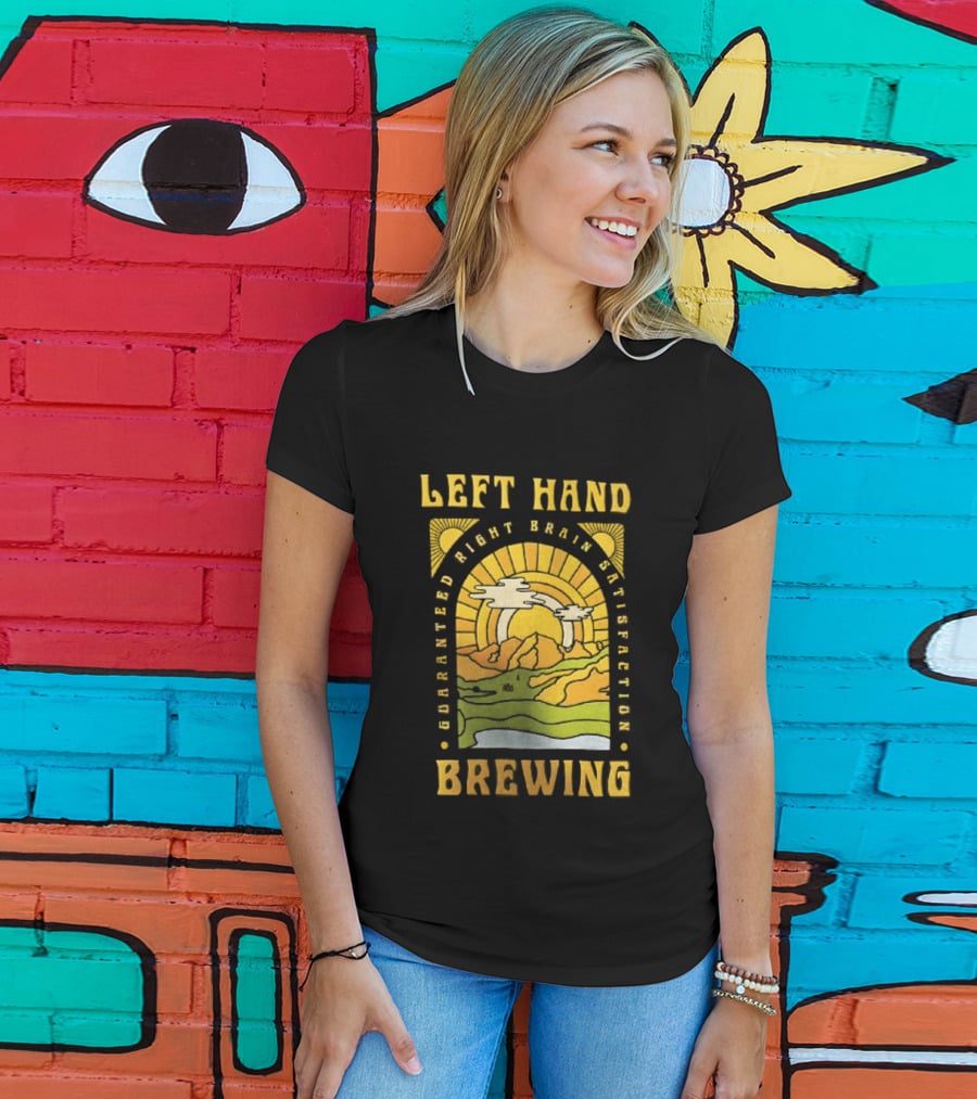 Left Hand Brewing Guaranteed Right Brain Satisfaction Sunburst River Landscape T-Shirt