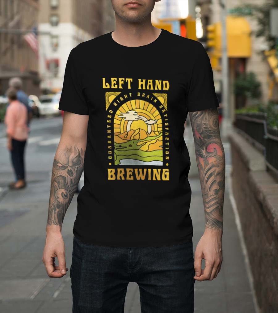 Left Hand Brewing Guaranteed Right Brain Satisfaction Sunburst River Landscape T-Shirt
