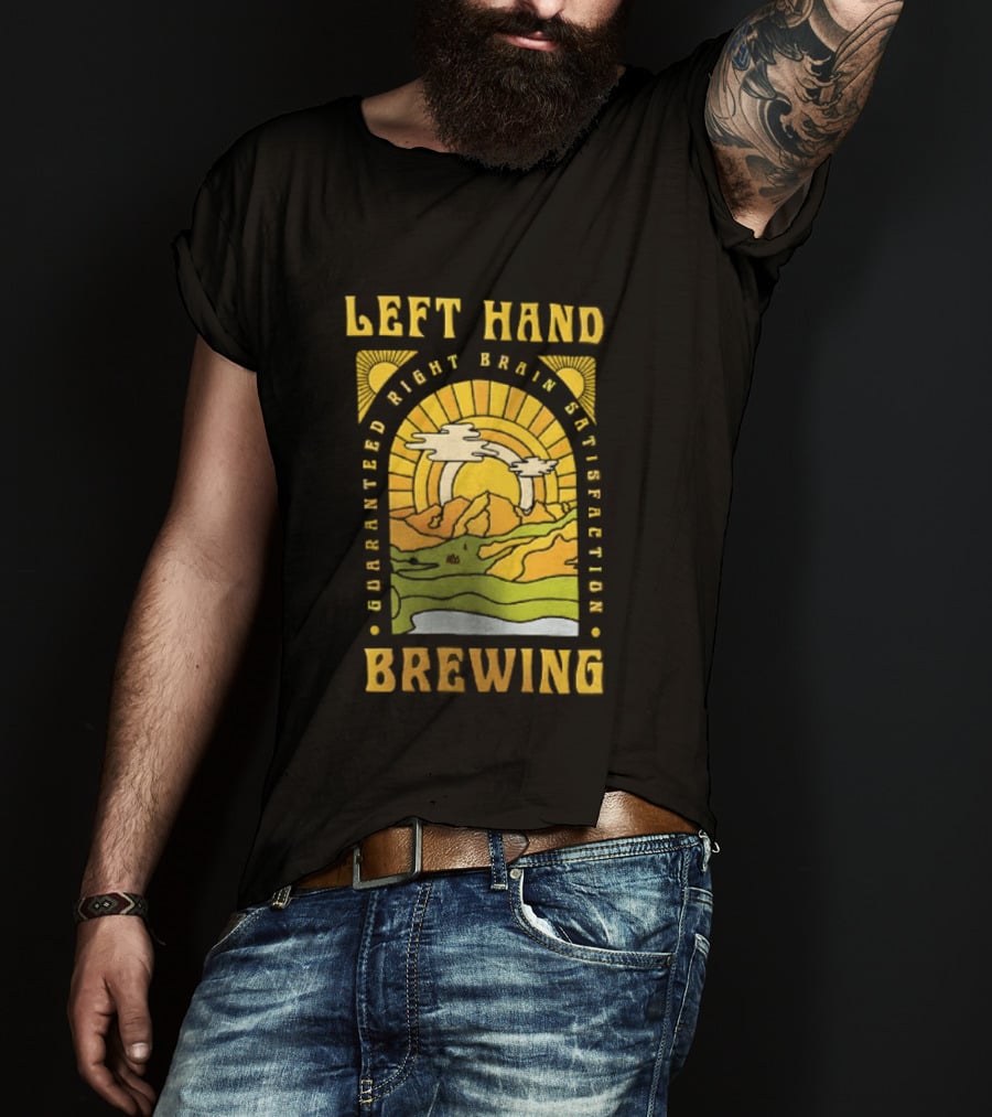 Left Hand Brewing Guaranteed Right Brain Satisfaction Sunburst River Landscape T-Shirt