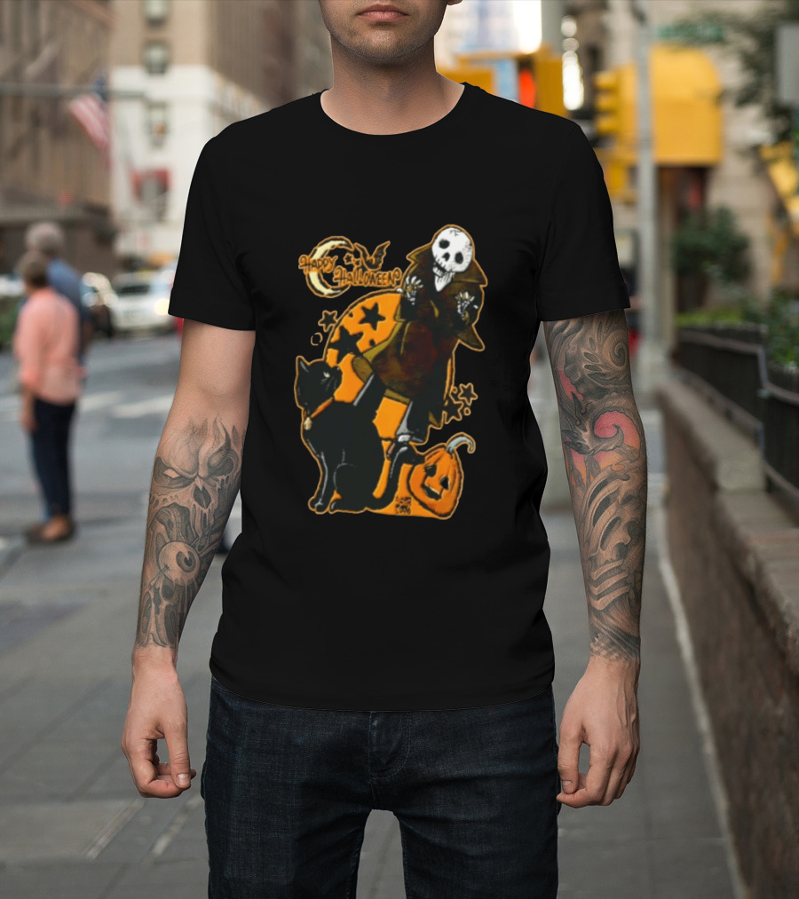 Happy Halloween Skeleton With Black Cat And Pumpkin T-Shirt