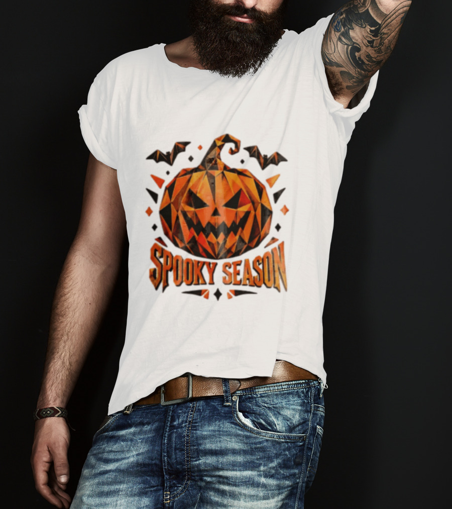 Spooky Season Geometric Pumpkin Halloween Bats T-Shirt