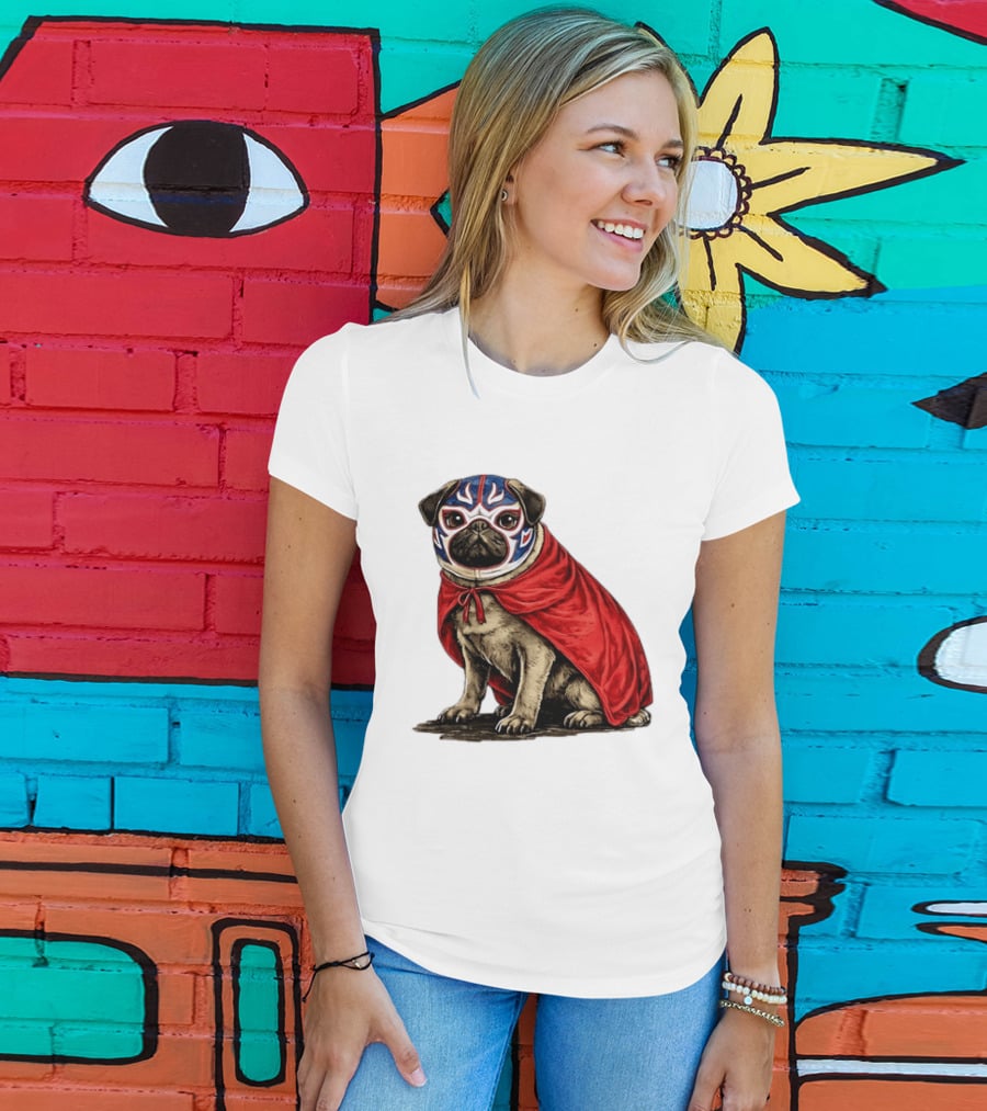 Lucha Libre Pug Red Cape Mexican Wrestling Dog Mask T-Shirt