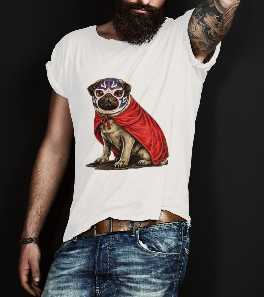 Lucha Libre Pug Red Cape Mexican Wrestling Dog Mask T-Shirt