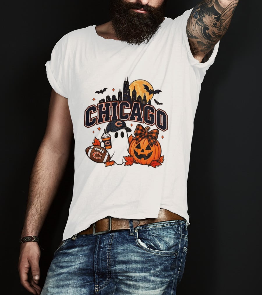 Chicago Bears Halloween Ghost Pumpkin Football Skyline Moon T-Shirt