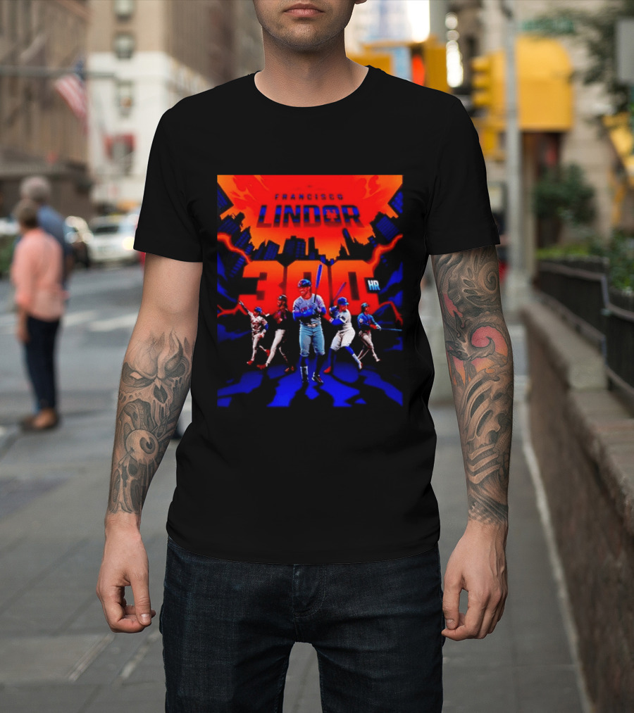 Francisco Lindor New York Mets 300 HR City Skyline Baseball Milestone T-Shirt