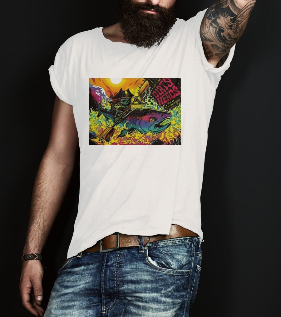 Dirty Heads Pirate Skeleton Kayaking Giant Fish Psychedelic Adventure T-Shirt