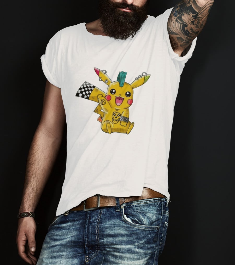 Punkachu Pikachu Mohawk Skull Anarchist Punk Rock Style Checkered Flag Details T-Shirt