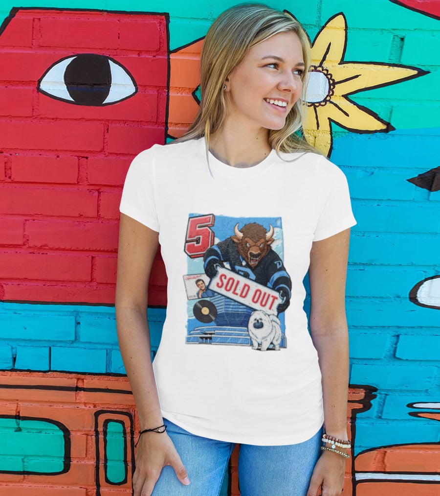 5 Bison Sold Out Sign White Fluffy Dog Holding Puck T-Shirt