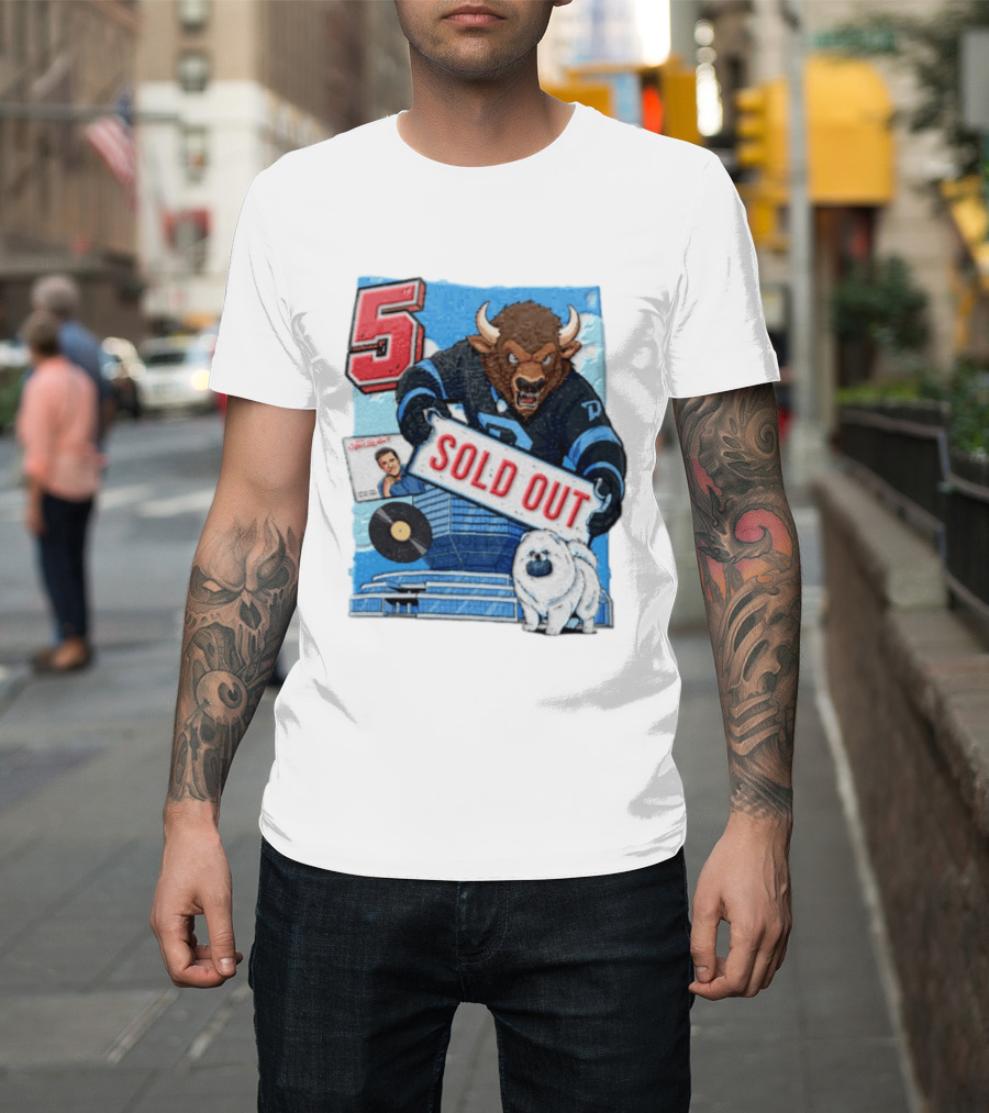 5 Bison Sold Out Sign White Fluffy Dog Holding Puck T-Shirt