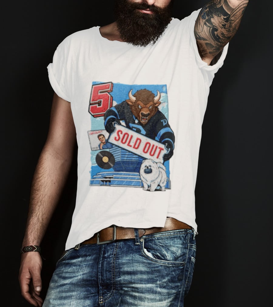 5 Bison Sold Out Sign White Fluffy Dog Holding Puck T-Shirt