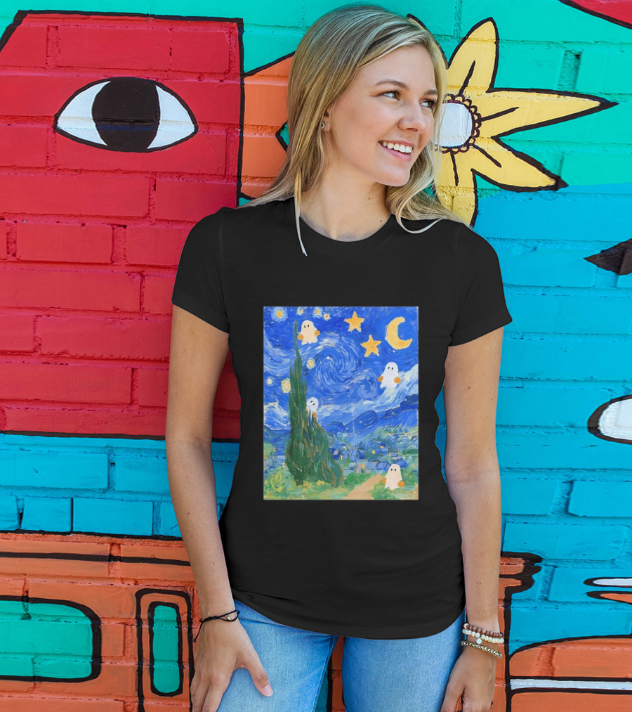 Starry Night Halloween Ghosts Vincent Van Gogh Painting T-Shirt