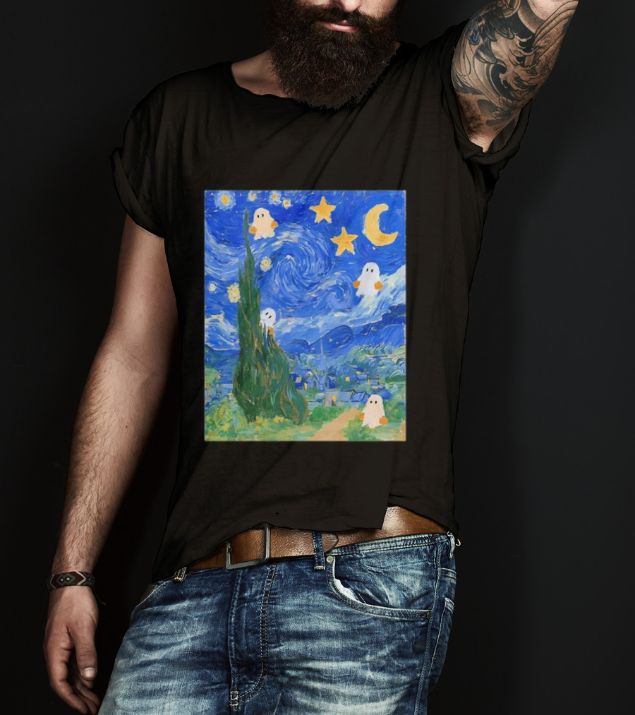 Starry Night Halloween Ghosts Vincent Van Gogh Painting T-Shirt
