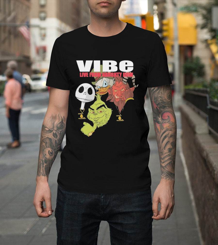 Vibe Live From Naughty Row Grinch Krampus Scrooge Jack Skellington Christmas Naughty Row Records T-Shirt