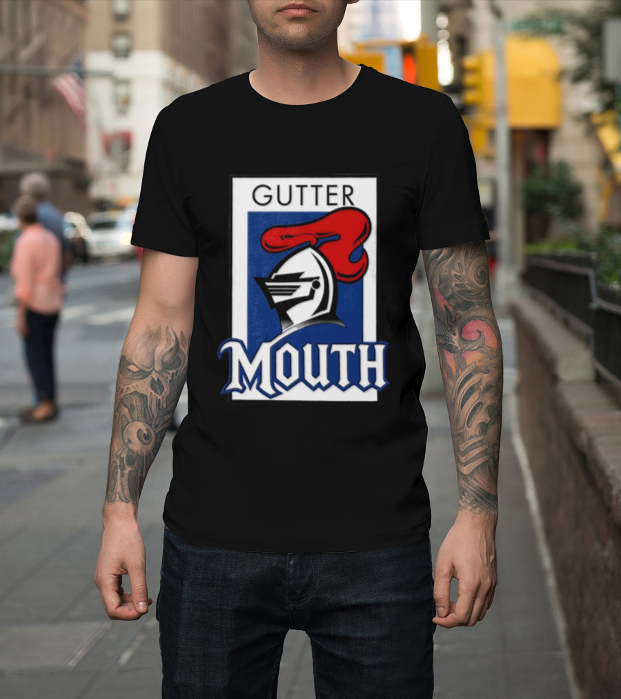 Guttermouth Newcastle Knights Collaboration Rugby League Iconic Helmet Red Blue T-Shirt