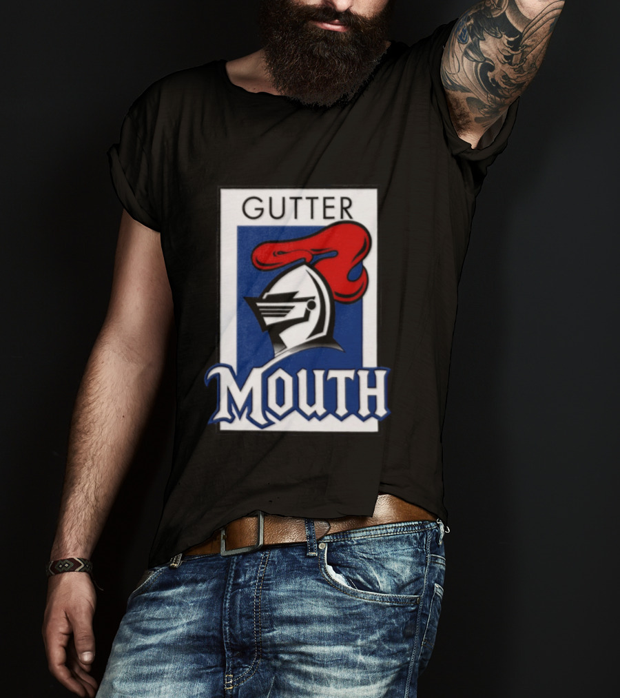 Guttermouth Newcastle Knights Collaboration Rugby League Iconic Helmet Red Blue T-Shirt