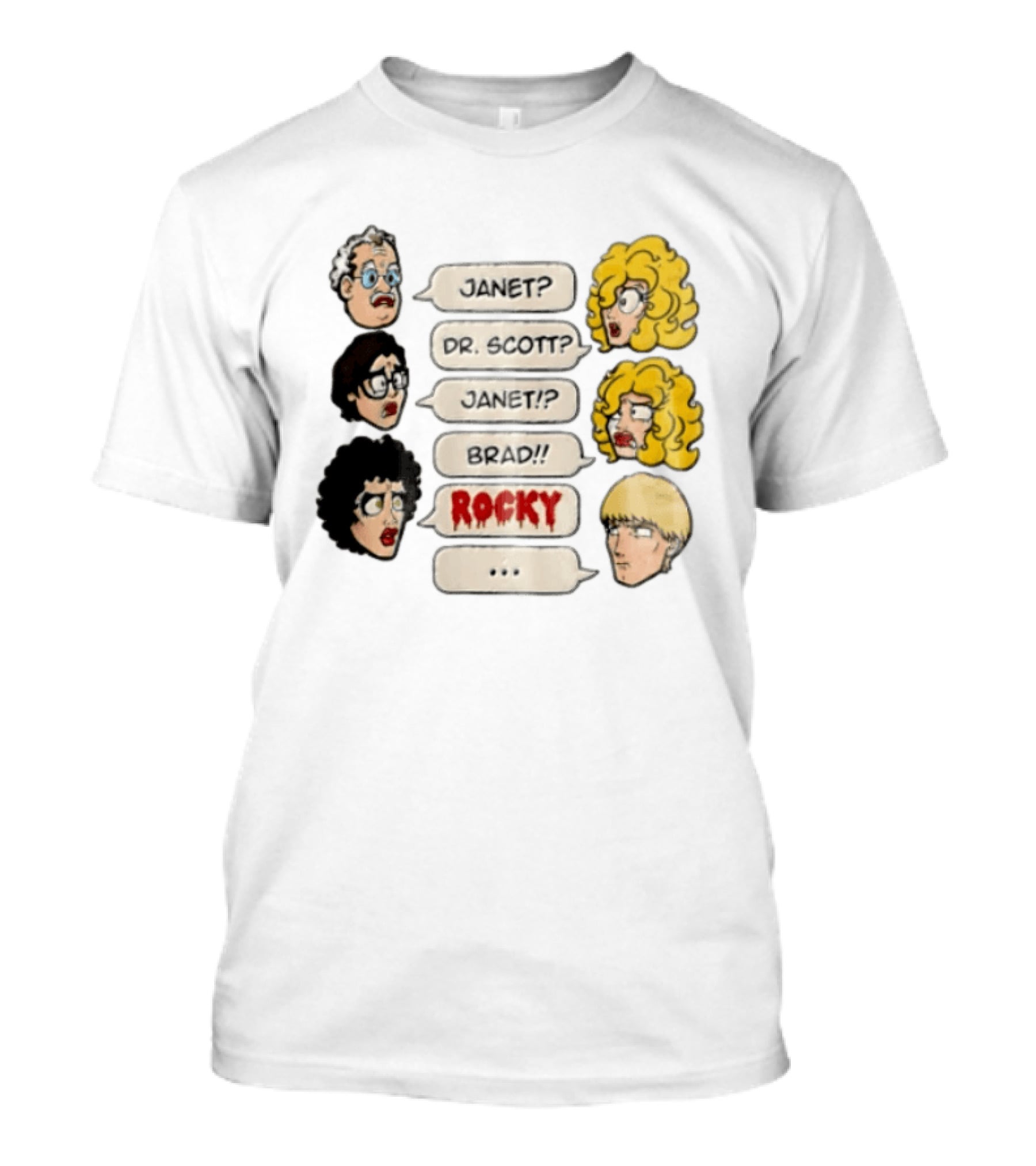 Janet Dr Scott Brad Rocky Horror Picture Show Speech Bubbles Cartoon Heads Dialogue T-Shirt