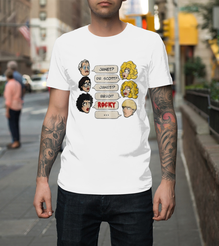 Janet Dr Scott Brad Rocky Horror Picture Show Speech Bubbles Cartoon Heads Dialogue T-Shirt