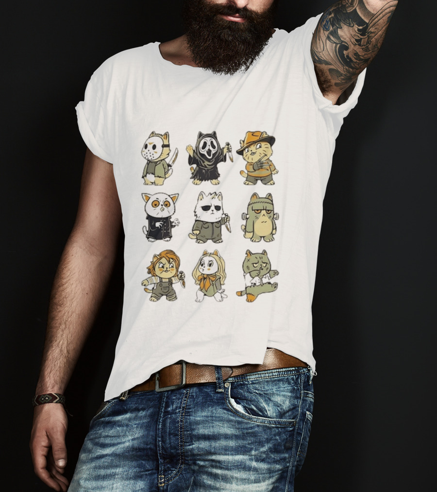 Horror Movie Cats Meowster Party Jason Ghostface Freddy Krueger Halloween T-Shirt