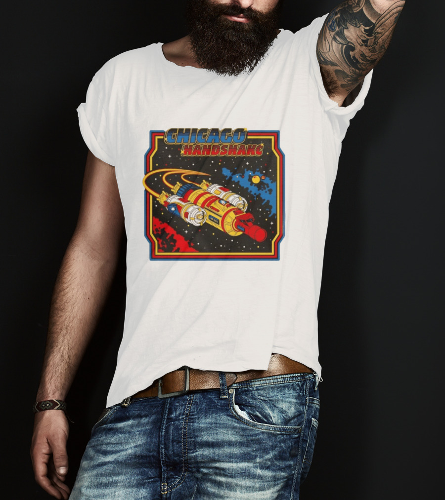 Chicago Handshake Spaceship Malort Old Lager Retro Sci Fi Space Adventure T-Shirt
