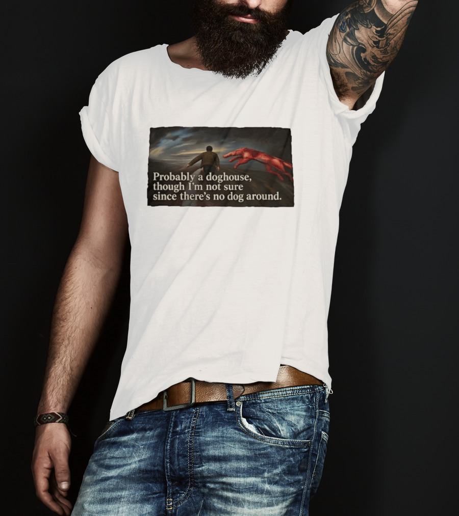 Probably A Doghouse Though I'm Not Sure Since There's No Dog Around Surreal Landscape With Figure And Red Creature T-Shirt