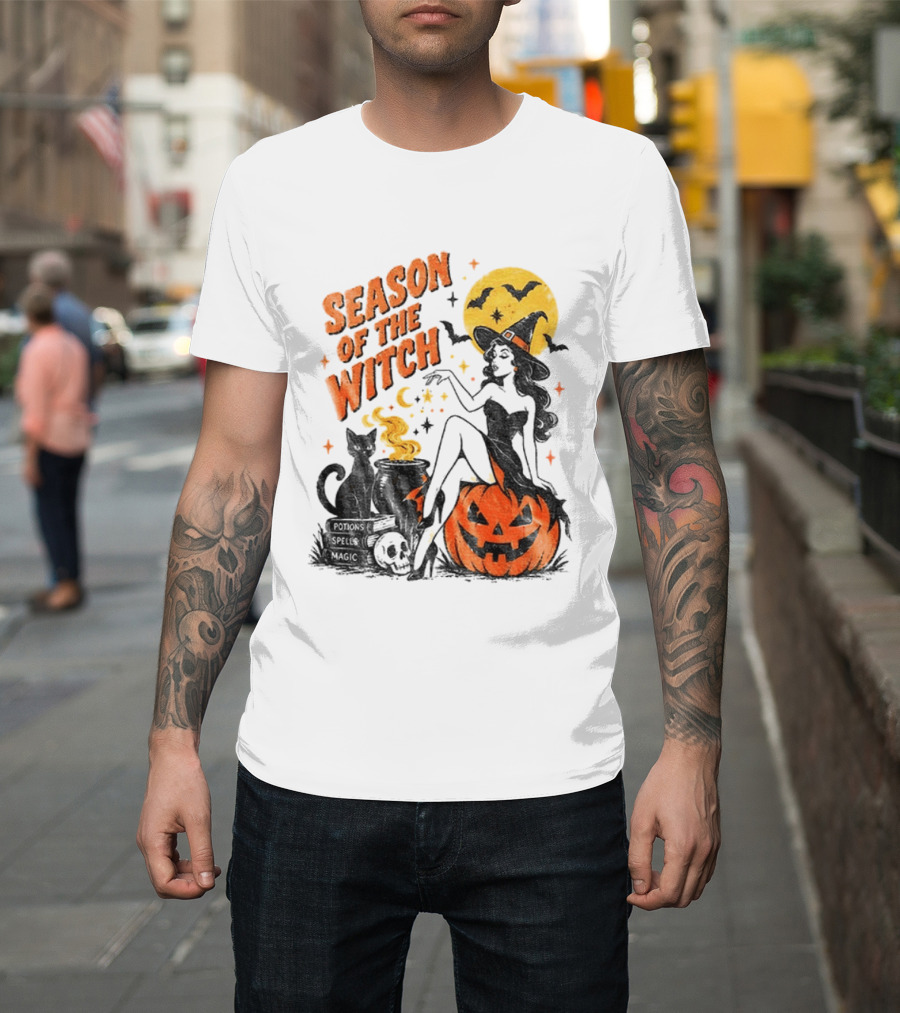Season Of The Witch Halloween Spooky Season Full Moon Pumpkin Black Cat Bat T-Shirt