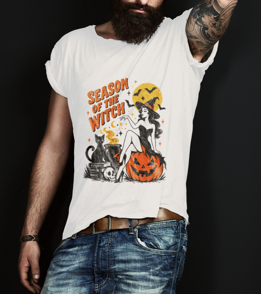 Season Of The Witch Halloween Spooky Season Full Moon Pumpkin Black Cat Bat T-Shirt