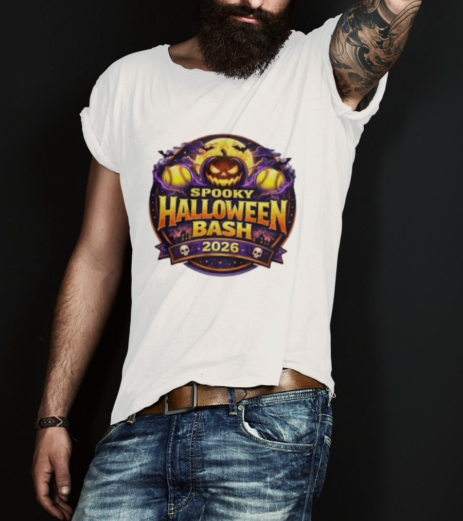 Spooky Halloween Bash 2026 Pumpkin Moonlit Baseball Skulls T-Shirt