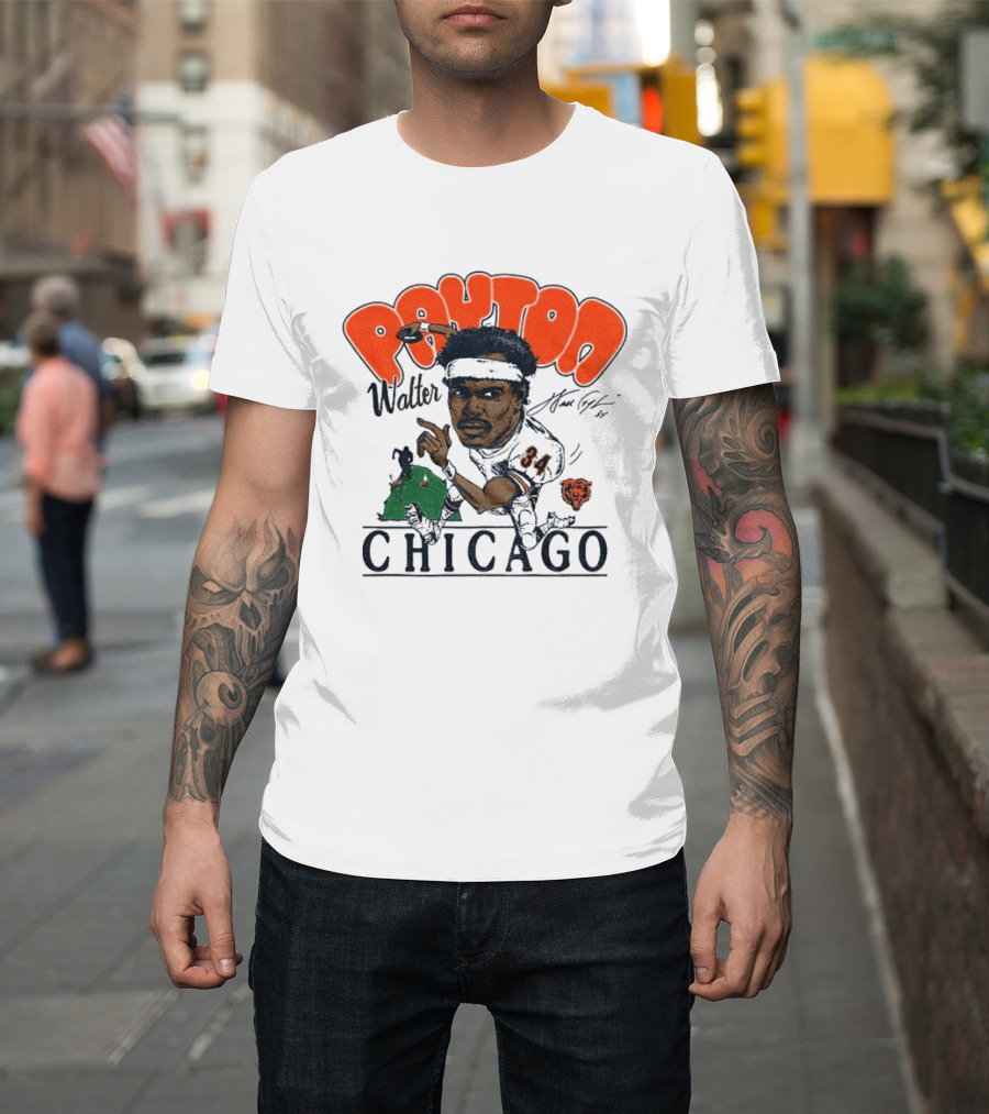 Walter Payton Chicago Bears 34 Caricature Player Signature Drawing T-Shirt
