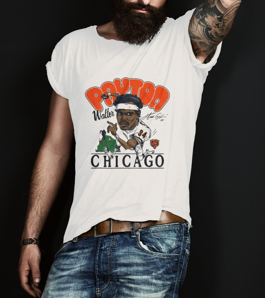 Walter Payton Chicago Bears 34 Caricature Player Signature Drawing T-Shirt