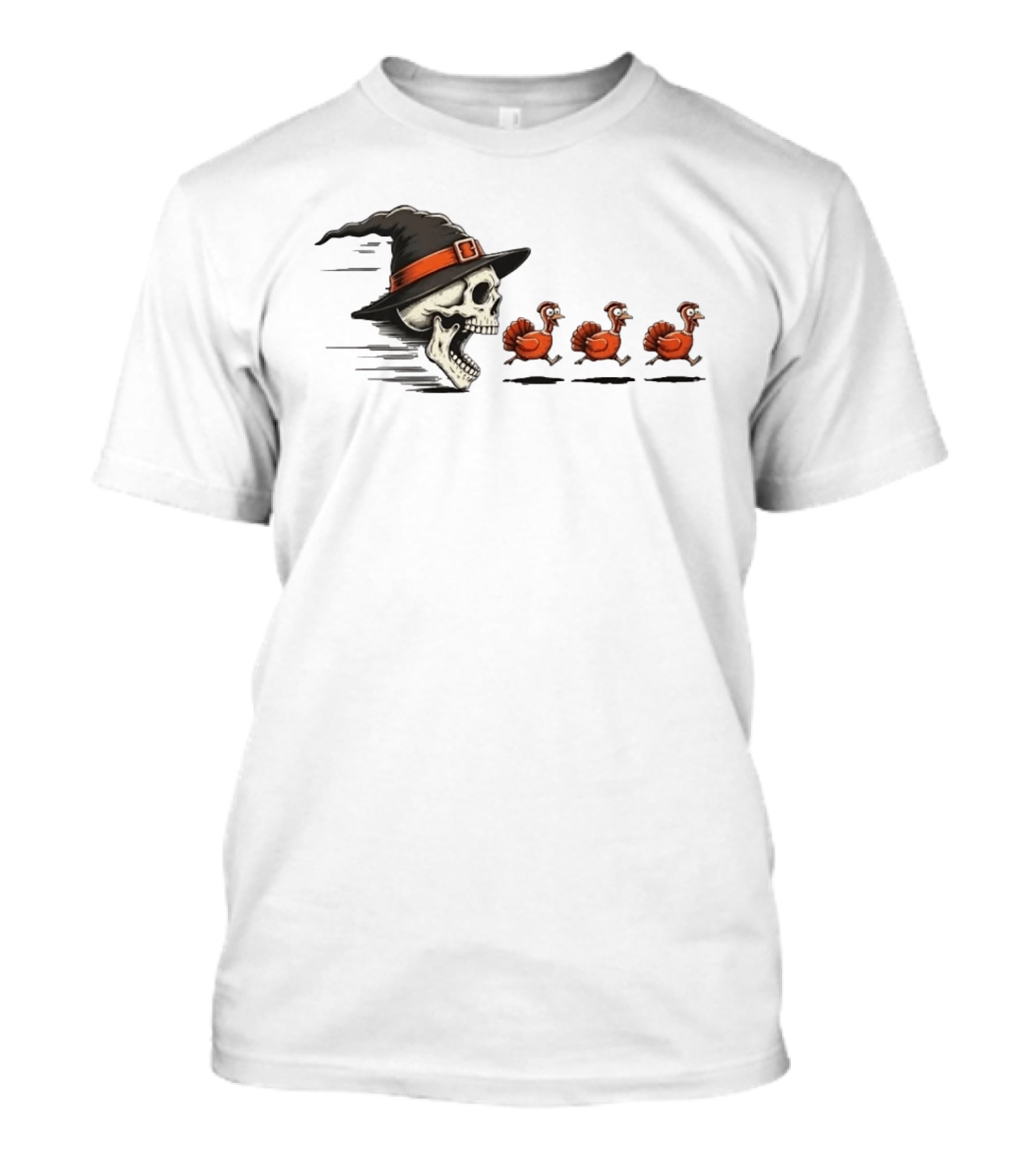 Witch Skull Chasing Turkeys Thanksgiving Humor T-Shirt